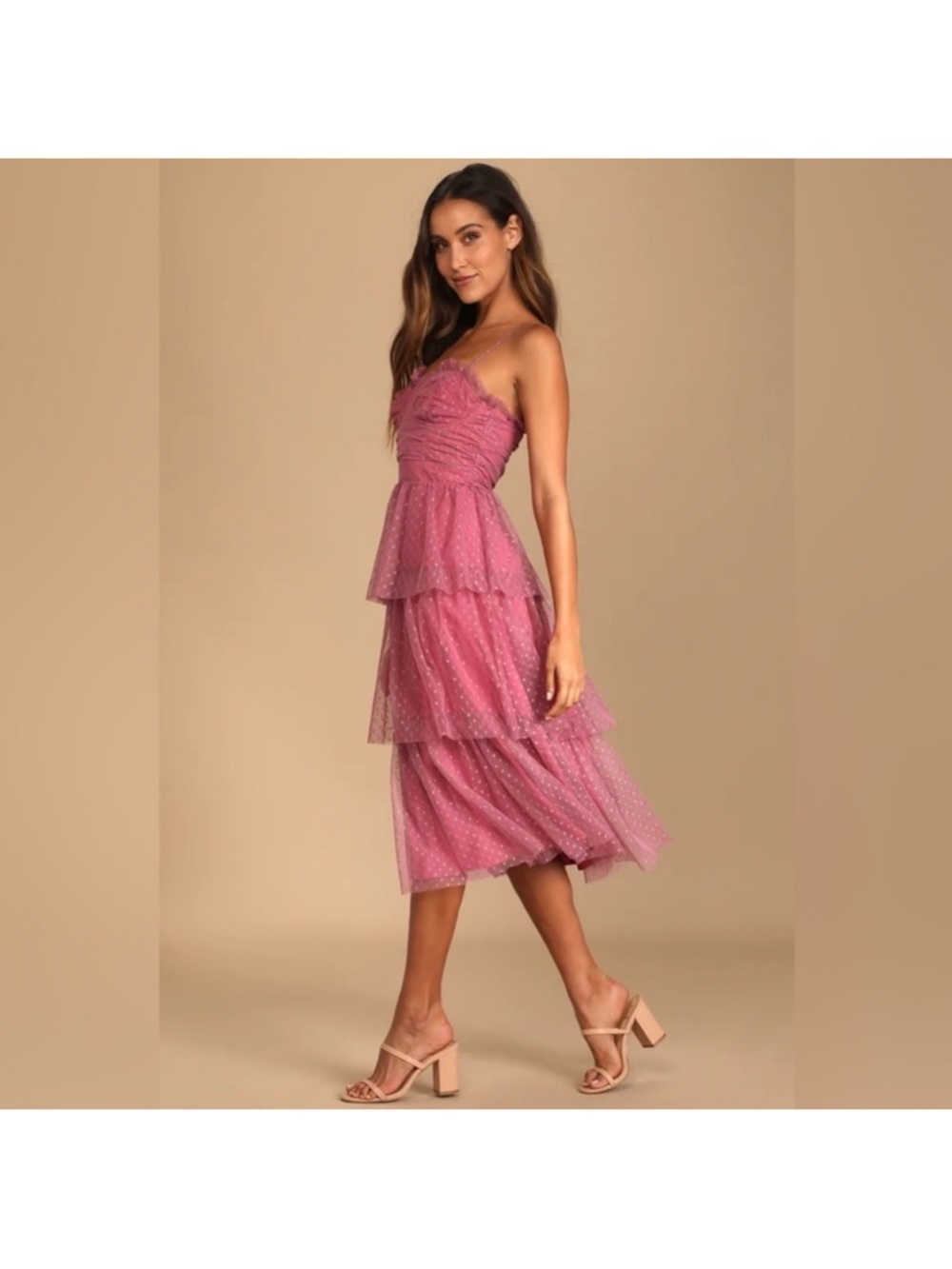 Lulu’s Sweetheart Style Mauve Polka Dot Bustier Tiered Midi Dress sz small - Picture 3 of 10